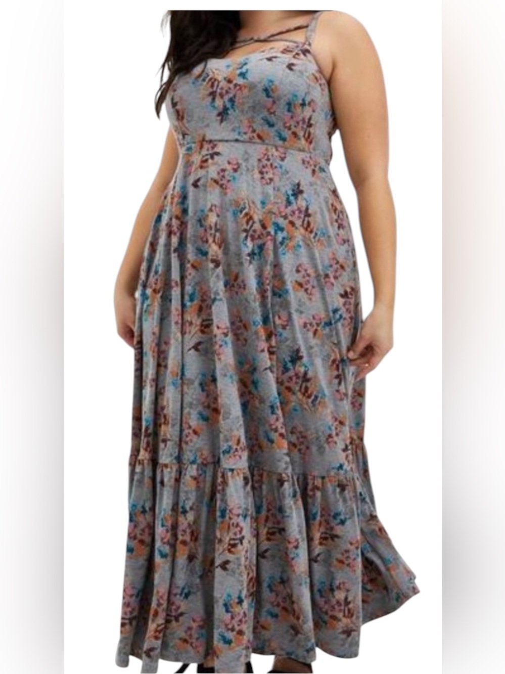 torrid ~ Strappy Dress ~ Heather Gray w/ Flowers ~ Jersey Material ~ Ruffle Tier